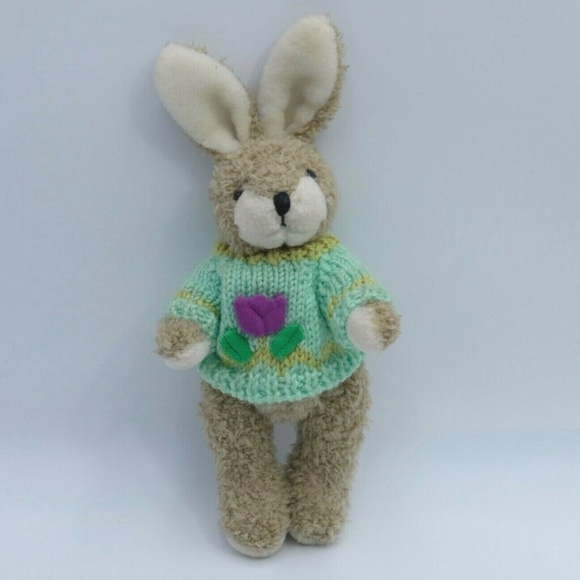 Vintage HugFun 1999 Plush Bunny Rabbit&Cow 10" Doll Flower Knitted Teal Sweater - Picture 3 of 10